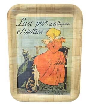 Lait Pur Sterilise De La Binganne Girl Drinking Milk & Cats Bamboo Wood Tray